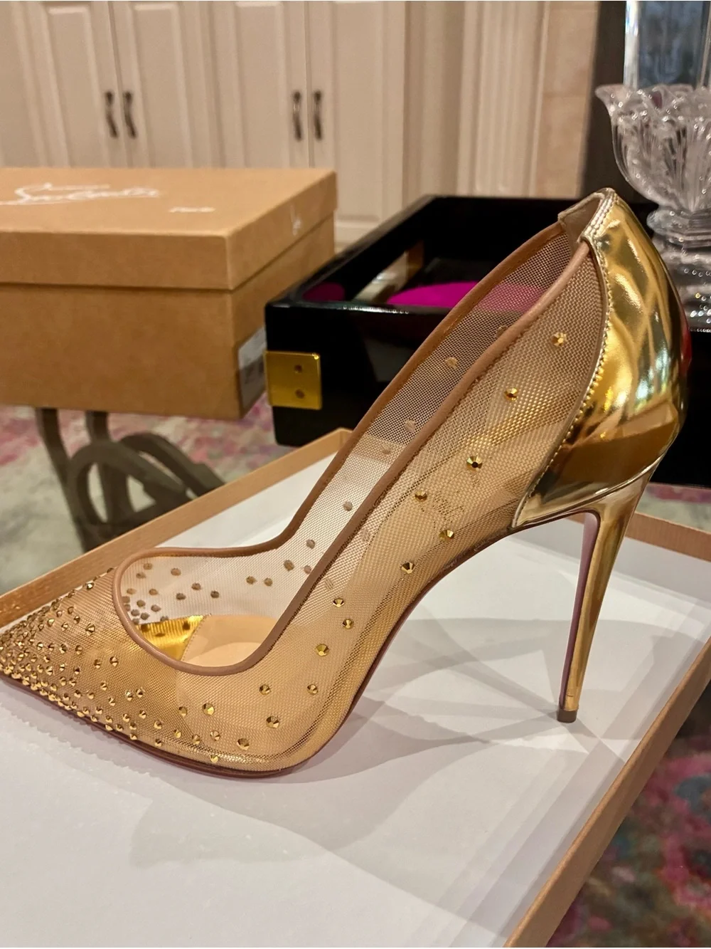 Christian Louboutin Sheer Gold Mesh Crystal-Embellished Pointed Pumps